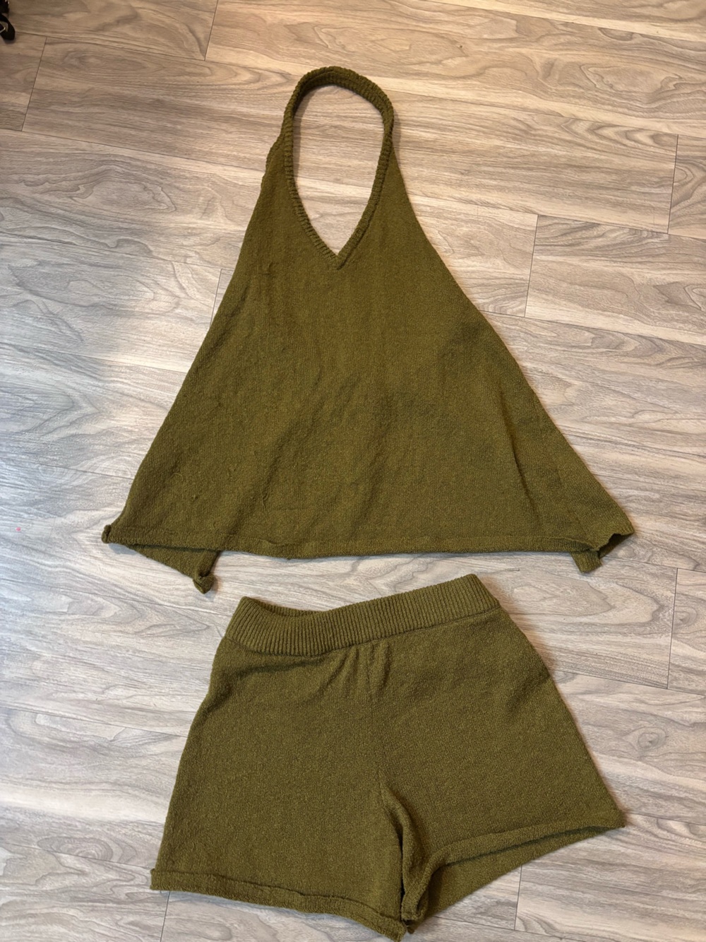 Olive Green Knit Halter Top and Shorts Set